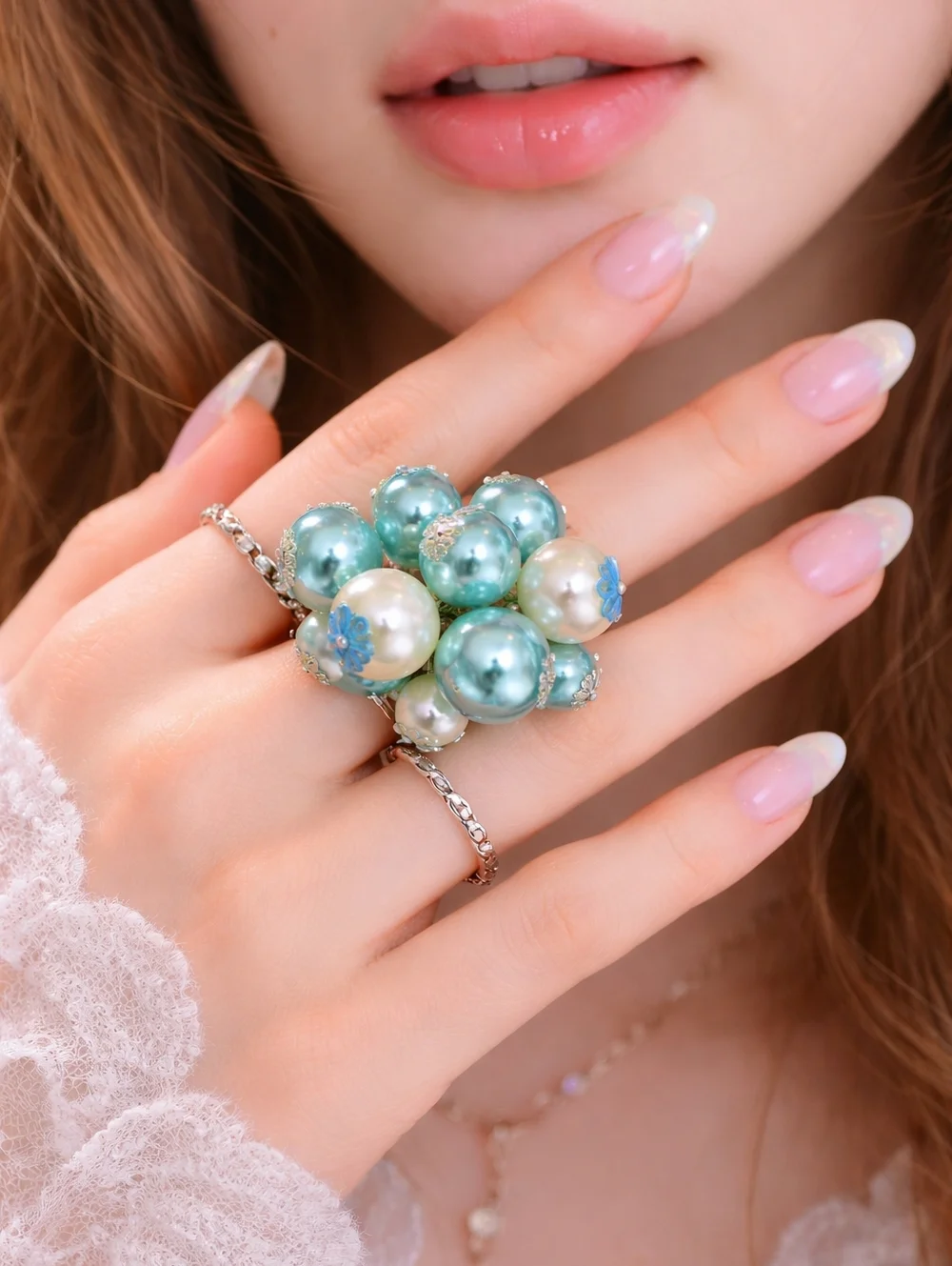 Blue Pearl Cluster Statement Ring Chunky Beaded Stretch Ring
